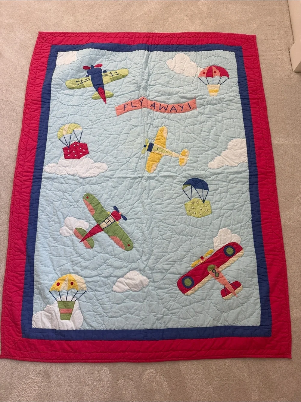 NEVER USED. NEW. Children's Airplane Quilted Throw - Red & Blue